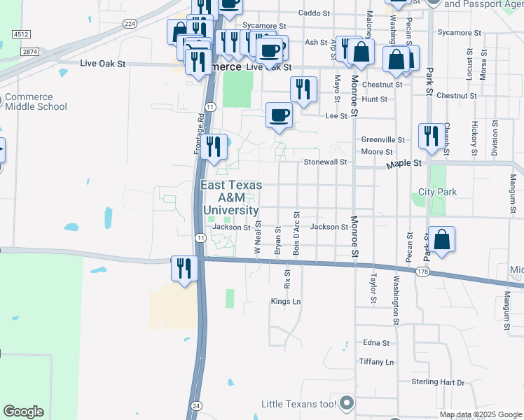 map of restaurants, bars, coffee shops, grocery stores, and more near 1919 Walnut Street in Commerce
