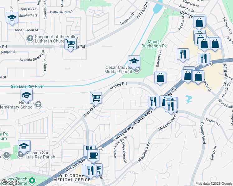 map of restaurants, bars, coffee shops, grocery stores, and more near 4635 Allende Avenue in Oceanside