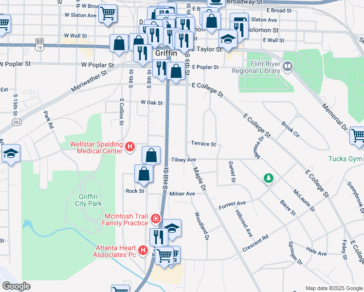 map of restaurants, bars, coffee shops, grocery stores, and more near 573 South 6th Street in Griffin