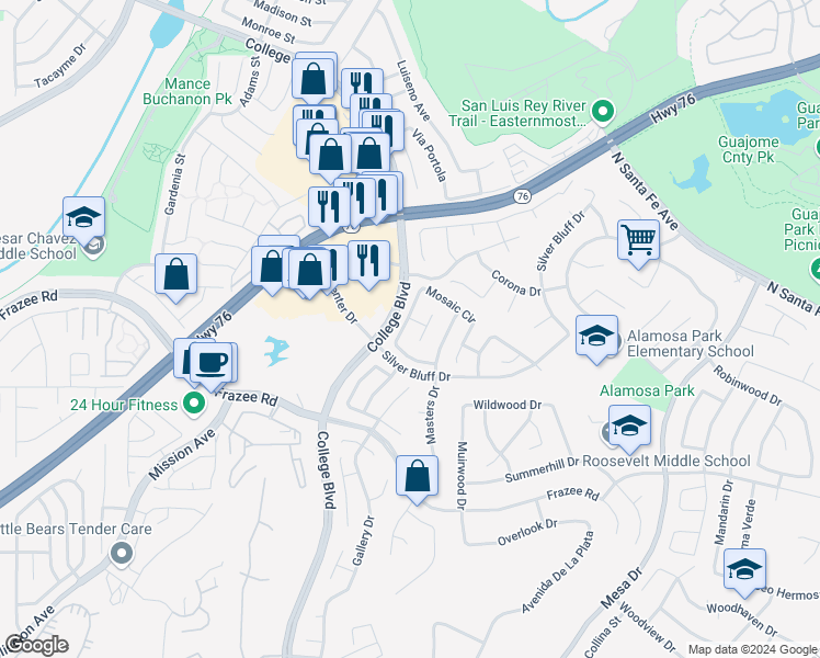 map of restaurants, bars, coffee shops, grocery stores, and more near 782 Mosaic Circle in Oceanside