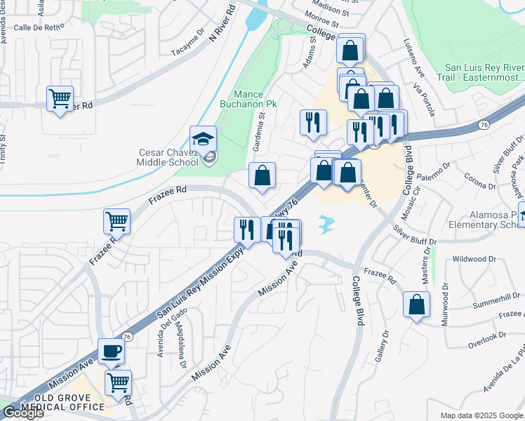 map of restaurants, bars, coffee shops, grocery stores, and more near 295 Carissa Drive in Oceanside