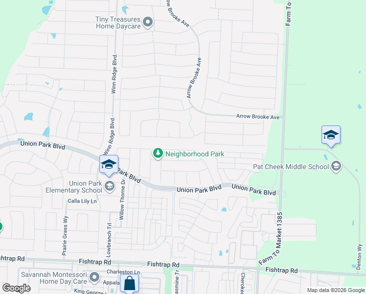 map of restaurants, bars, coffee shops, grocery stores, and more near 1505 Summit View Lane in Krugerville