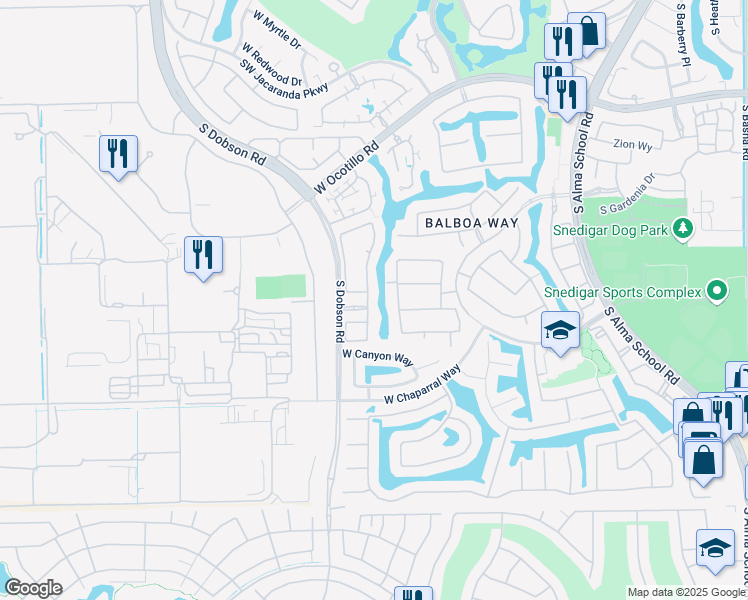map of restaurants, bars, coffee shops, grocery stores, and more near 4491 South Pecan Drive in Chandler