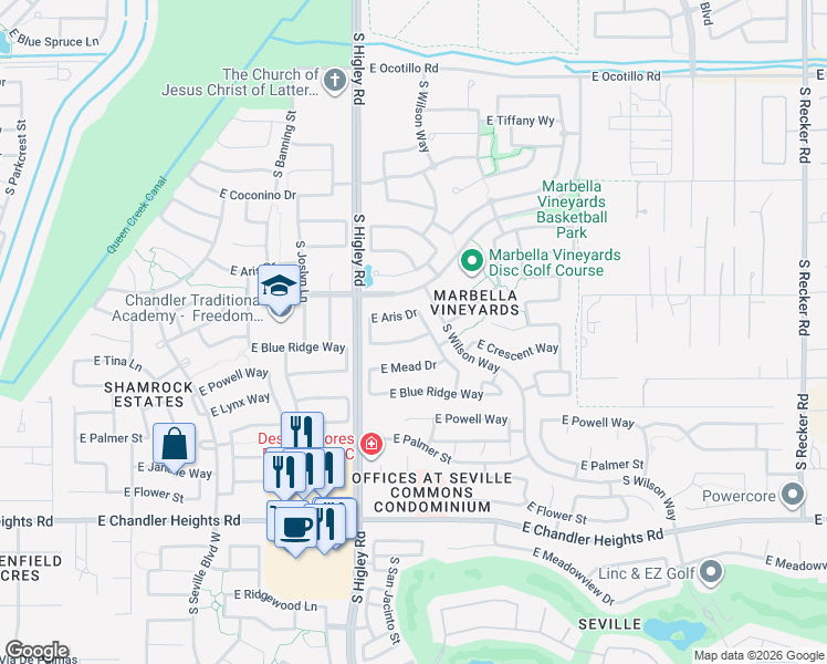 map of restaurants, bars, coffee shops, grocery stores, and more near 3300 East Anika Drive in Gilbert
