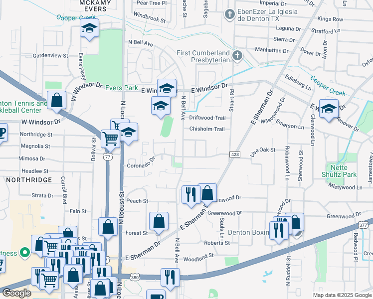 map of restaurants, bars, coffee shops, grocery stores, and more near 2708 North Bell Avenue in Denton