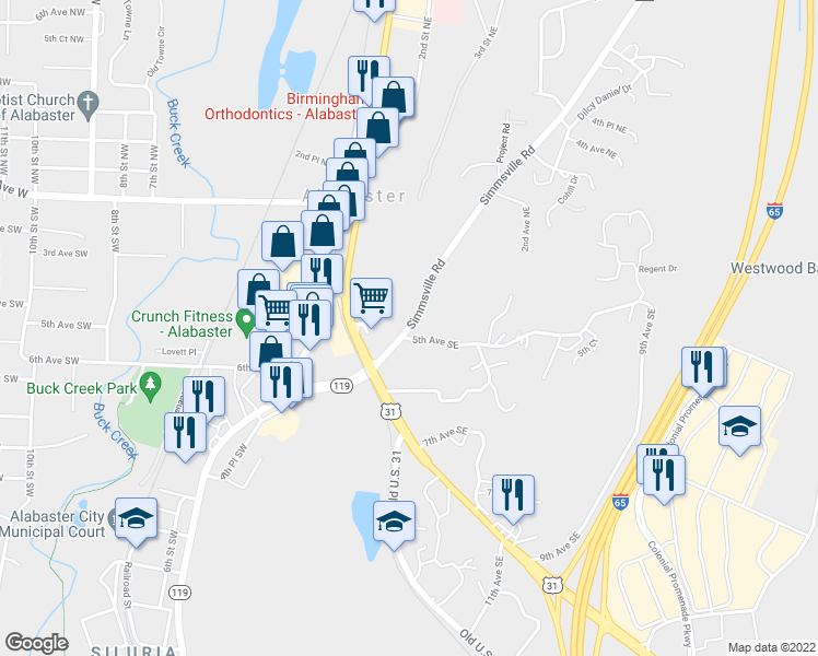 map of restaurants, bars, coffee shops, grocery stores, and more near 113 Simmsville Road in Alabaster