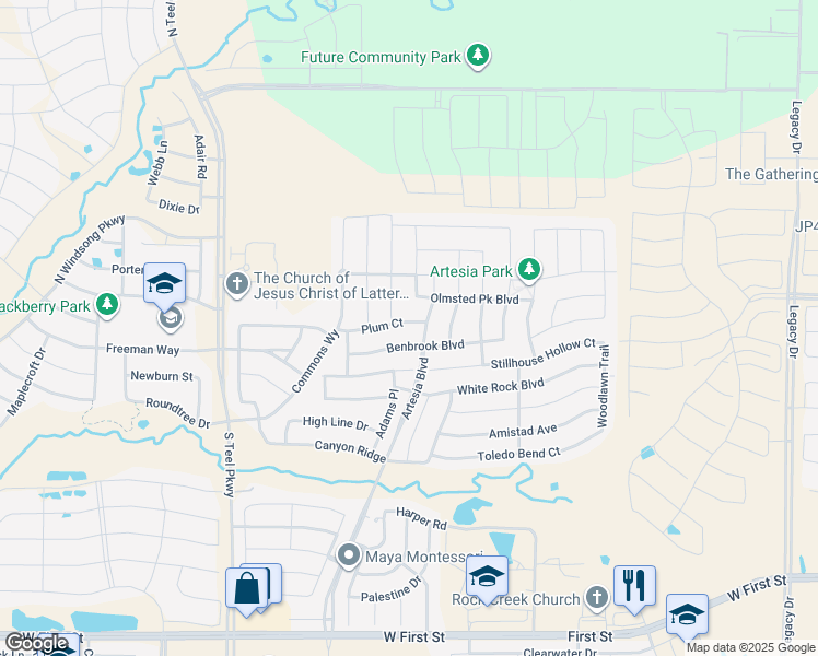 map of restaurants, bars, coffee shops, grocery stores, and more near 16126 Plum Court in Prosper