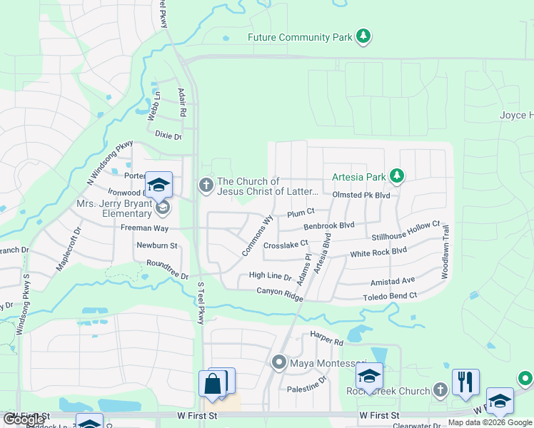 map of restaurants, bars, coffee shops, grocery stores, and more near 2001 Commons Way in Prosper