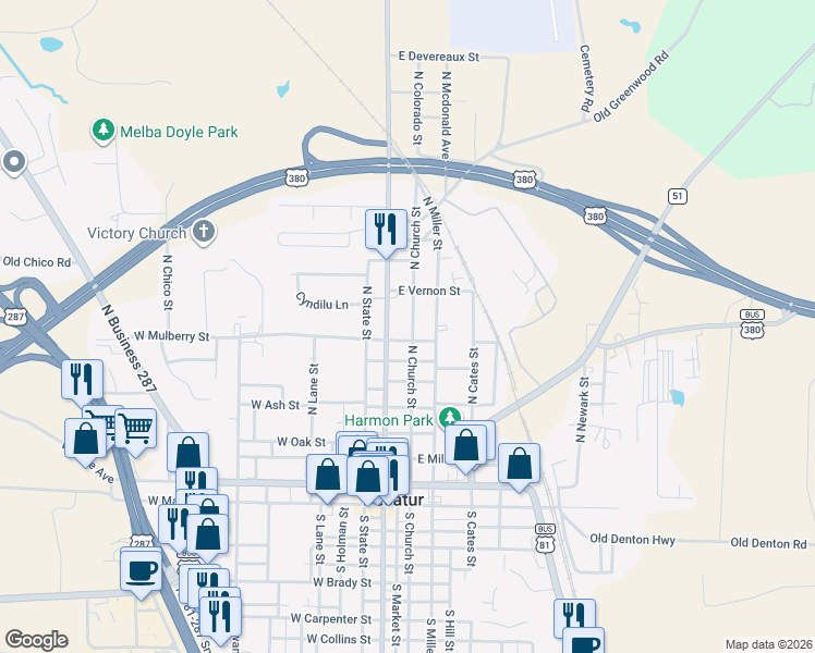 map of restaurants, bars, coffee shops, grocery stores, and more near 803 North Church Street in Decatur