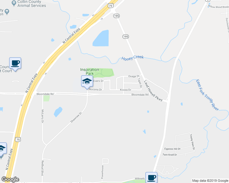 map of restaurants, bars, coffee shops, grocery stores, and more near 905 Kiowa Drive in McKinney