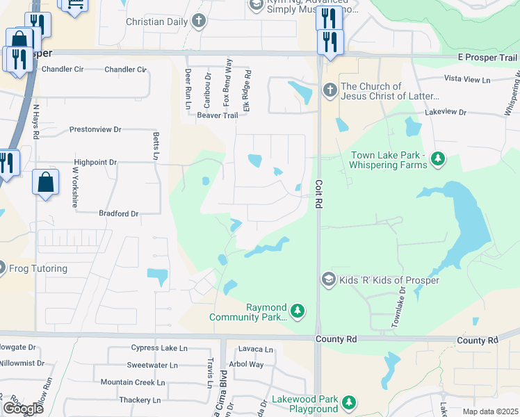 map of restaurants, bars, coffee shops, grocery stores, and more near 2150 Longmont Lane in Prosper
