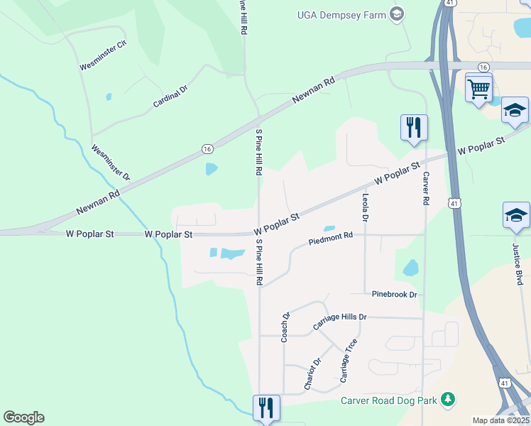 map of restaurants, bars, coffee shops, grocery stores, and more near 290 South Pine Hill Road in Griffin