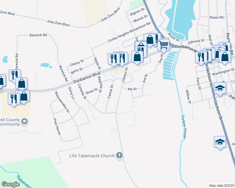 map of restaurants, bars, coffee shops, grocery stores, and more near 1655 Clinton Street in Barnwell