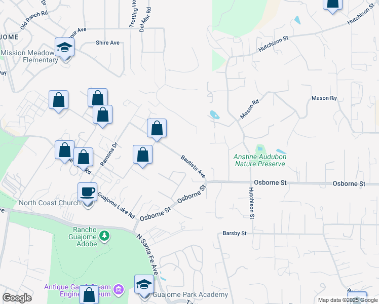 map of restaurants, bars, coffee shops, grocery stores, and more near 2205 Bautista Avenue in Vista