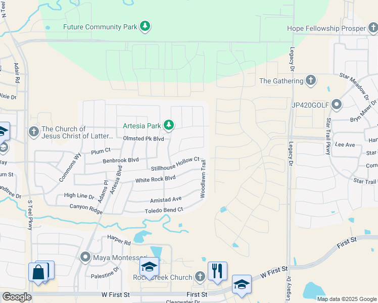 map of restaurants, bars, coffee shops, grocery stores, and more near 16608 Spence Park Lane in Prosper