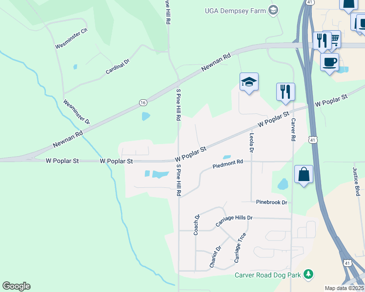 map of restaurants, bars, coffee shops, grocery stores, and more near 290 South Pine Hill Road in Griffin