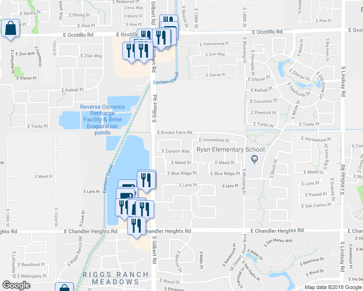 map of restaurants, bars, coffee shops, grocery stores, and more near 4551 South Adobe Drive in Chandler