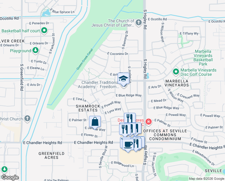 map of restaurants, bars, coffee shops, grocery stores, and more near 2984 East Blue Ridge Way in Gilbert