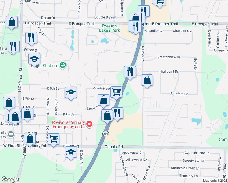 map of restaurants, bars, coffee shops, grocery stores, and more near 615 Creek View Drive in Prosper