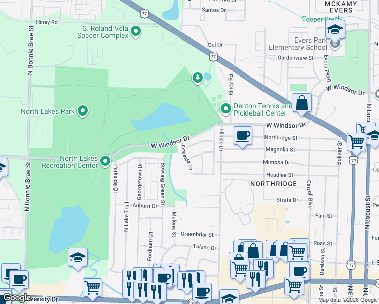 map of restaurants, bars, coffee shops, grocery stores, and more near 1121 Embers Lane in Denton