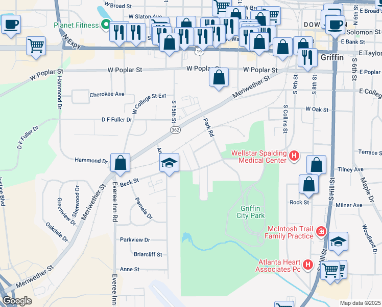 map of restaurants, bars, coffee shops, grocery stores, and more near 721 Scales Street in Griffin