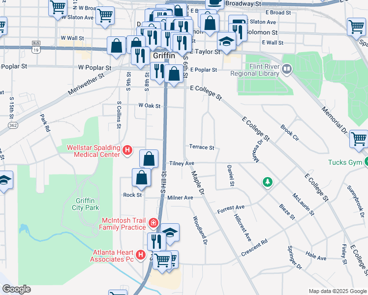 map of restaurants, bars, coffee shops, grocery stores, and more near 573 South 6th Street in Griffin
