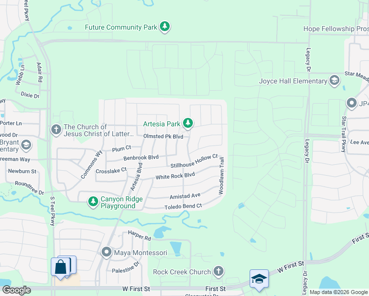 map of restaurants, bars, coffee shops, grocery stores, and more near 2113 Austin Lane in Prosper
