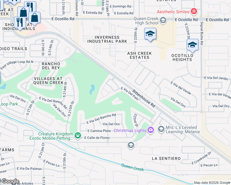 map of restaurants, bars, coffee shops, grocery stores, and more near 22033 East Vía Del Palo in Queen Creek