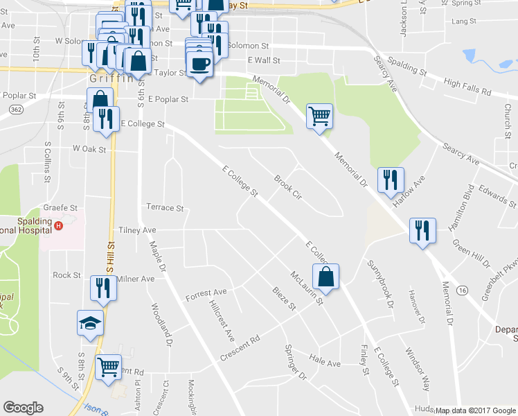 map of restaurants, bars, coffee shops, grocery stores, and more near 618 East College Street in Griffin
