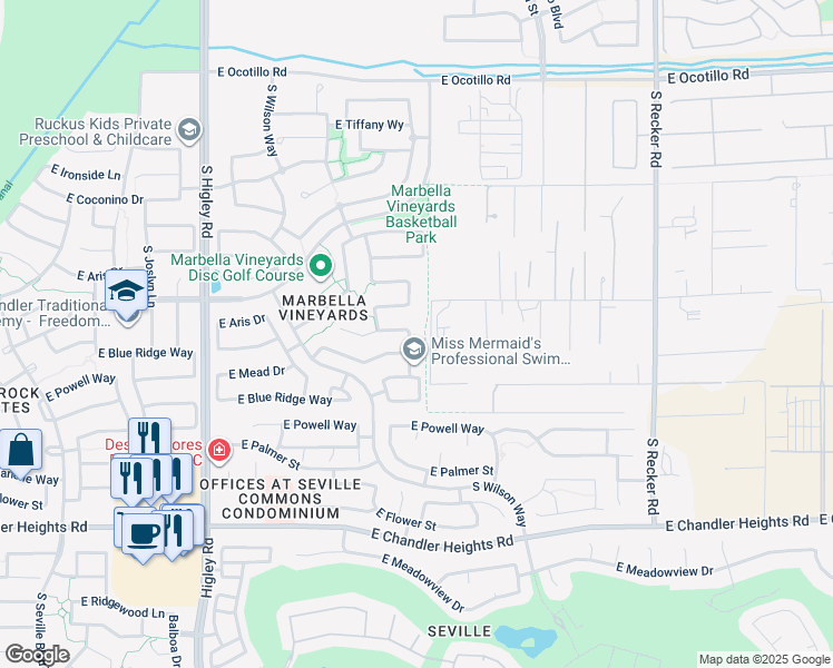 map of restaurants, bars, coffee shops, grocery stores, and more near 6061 South Legend Drive in Gilbert