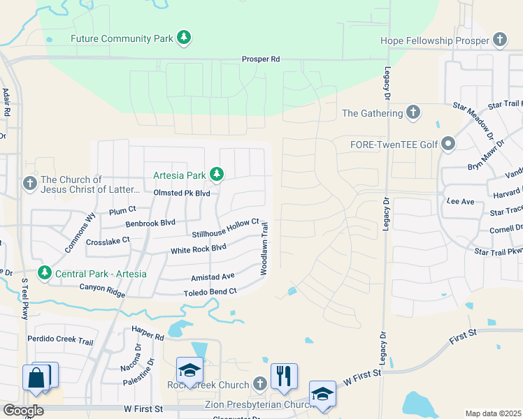 map of restaurants, bars, coffee shops, grocery stores, and more near 16716 Spence Park Lane in Prosper