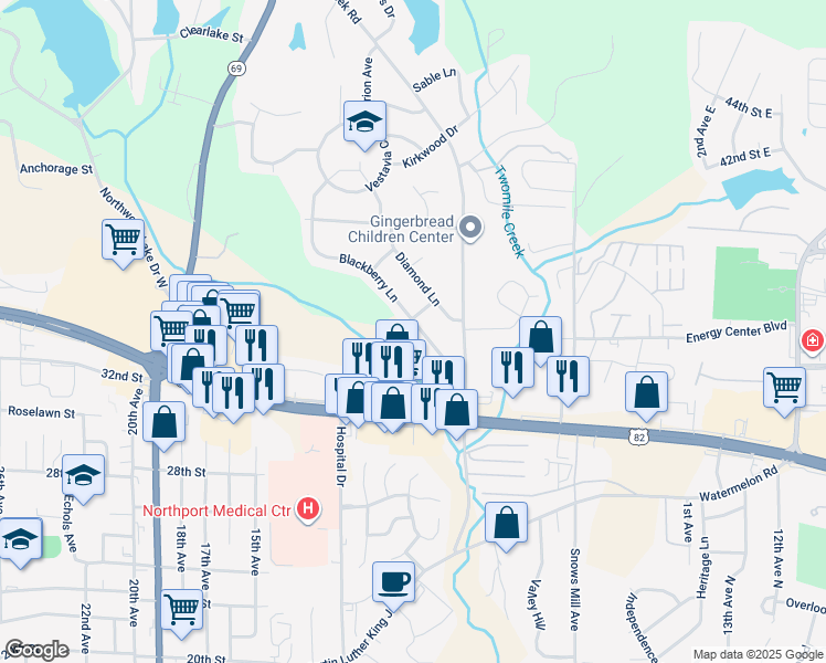 map of restaurants, bars, coffee shops, grocery stores, and more near 3604 Blackberry Lane in Northport