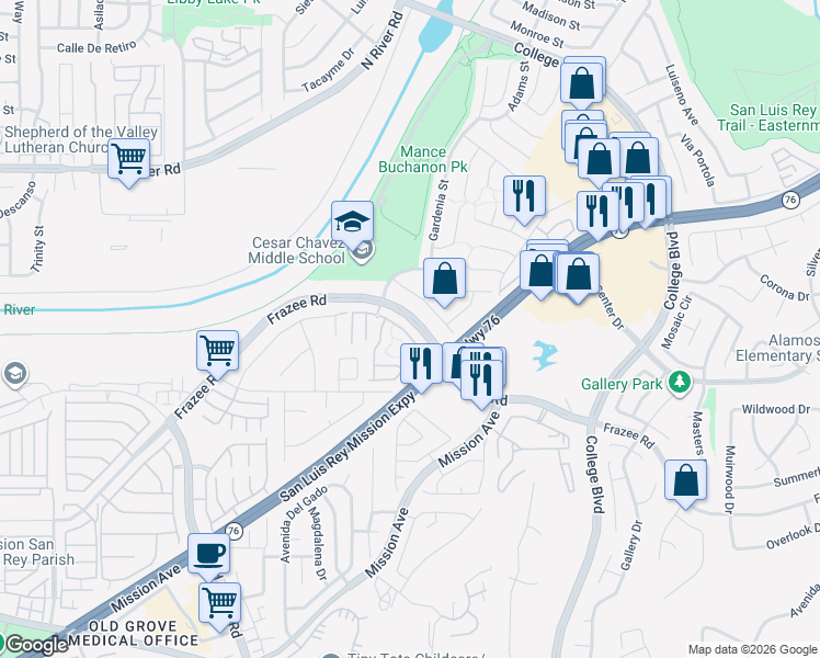 map of restaurants, bars, coffee shops, grocery stores, and more near 4722 Mayflower Way in Oceanside