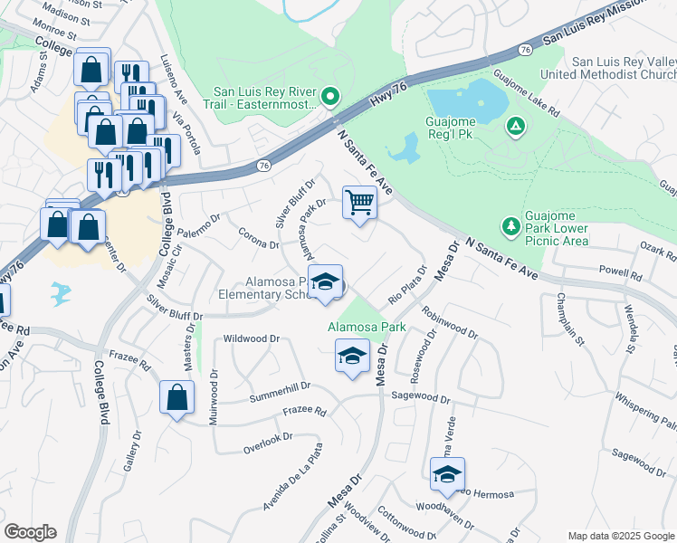 map of restaurants, bars, coffee shops, grocery stores, and more near 5163 Alamosa Park Drive in Oceanside