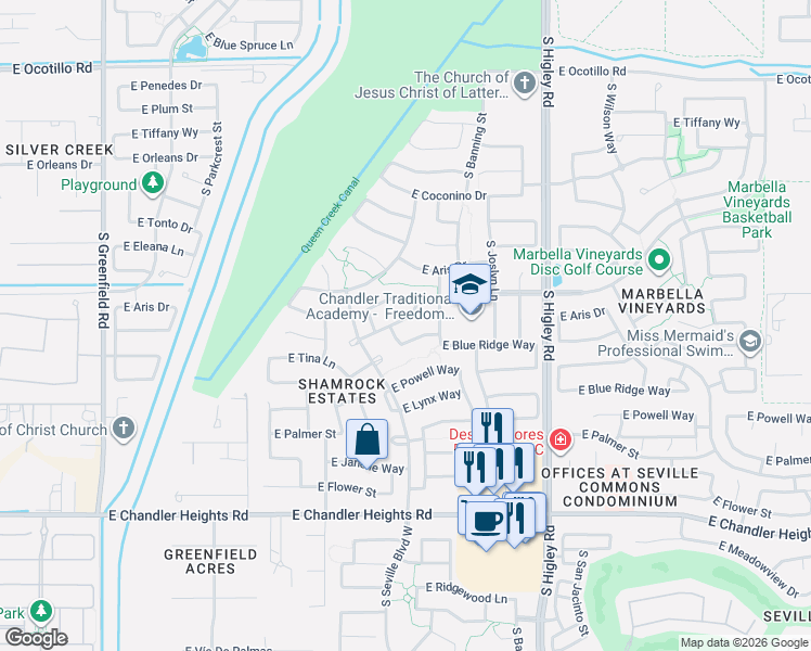 map of restaurants, bars, coffee shops, grocery stores, and more near 2927 East Mead Drive in Gilbert