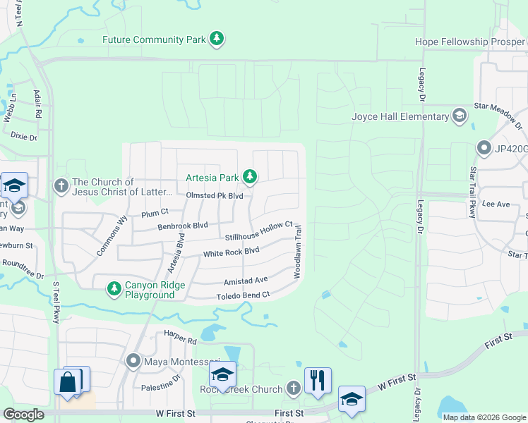 map of restaurants, bars, coffee shops, grocery stores, and more near 16608 Spence Park Lane in Prosper