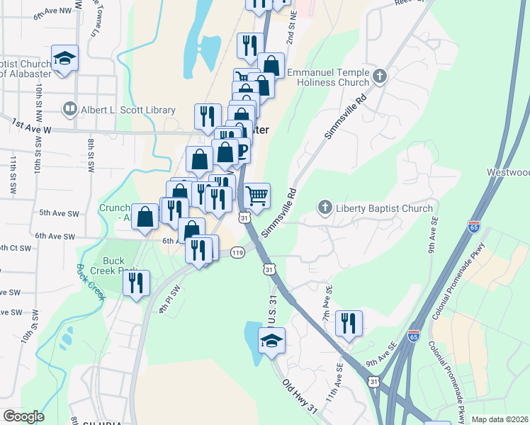 map of restaurants, bars, coffee shops, grocery stores, and more near 113 Simmsville Road in Alabaster
