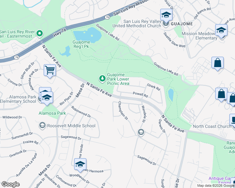 map of restaurants, bars, coffee shops, grocery stores, and more near 1305 Powell Road in Oceanside