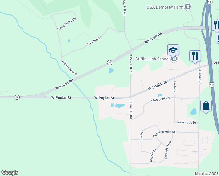 map of restaurants, bars, coffee shops, grocery stores, and more near 132 Poplar Pointe Terrace in Griffin