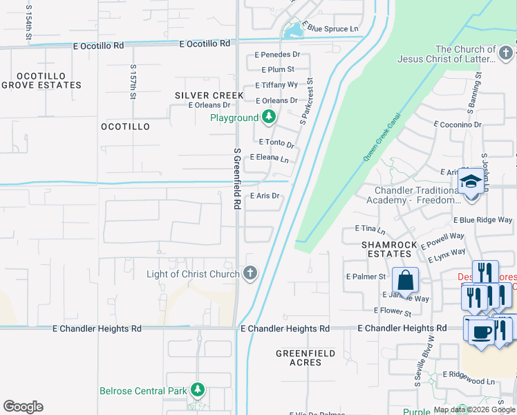 map of restaurants, bars, coffee shops, grocery stores, and more near 2468 East Anika Drive in Gilbert
