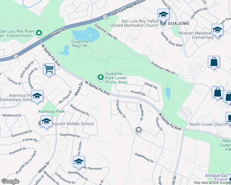 map of restaurants, bars, coffee shops, grocery stores, and more near 1305 Powell Road in Oceanside
