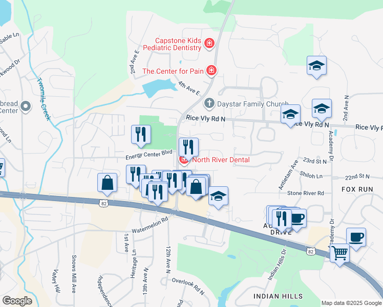 map of restaurants, bars, coffee shops, grocery stores, and more near 1090 Fairfax Drive in Tuscaloosa