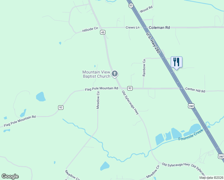 map of restaurants, bars, coffee shops, grocery stores, and more near 569 Flag Pole Mountain Road in Childersburg