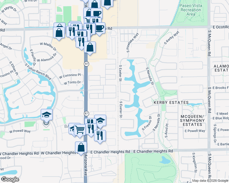 map of restaurants, bars, coffee shops, grocery stores, and more near 290 East Horseshoe Drive in Chandler