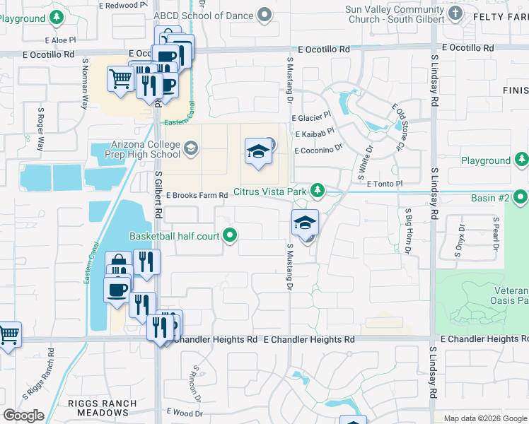 map of restaurants, bars, coffee shops, grocery stores, and more near 3411 East Horseshoe Drive in Chandler