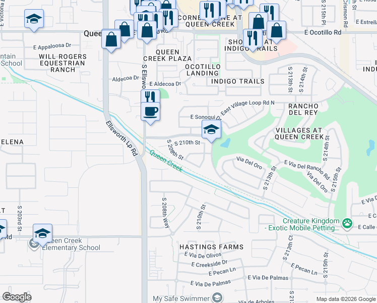 map of restaurants, bars, coffee shops, grocery stores, and more near 20894 East Vía Del Oro in Queen Creek