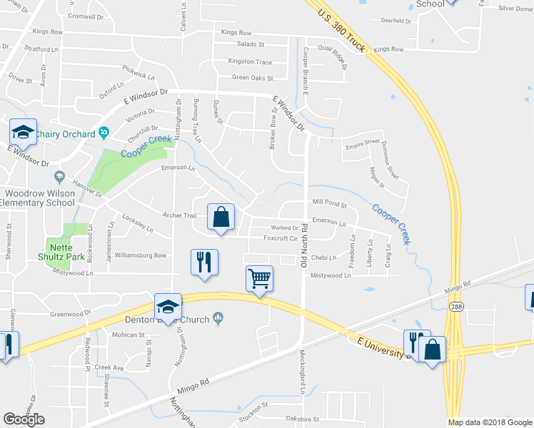 map of restaurants, bars, coffee shops, grocery stores, and more near 2423 Emerson Lane in Denton