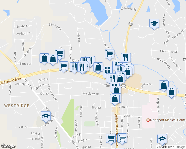 map of restaurants, bars, coffee shops, grocery stores, and more near 2501 McFarland Boulevard in Northport