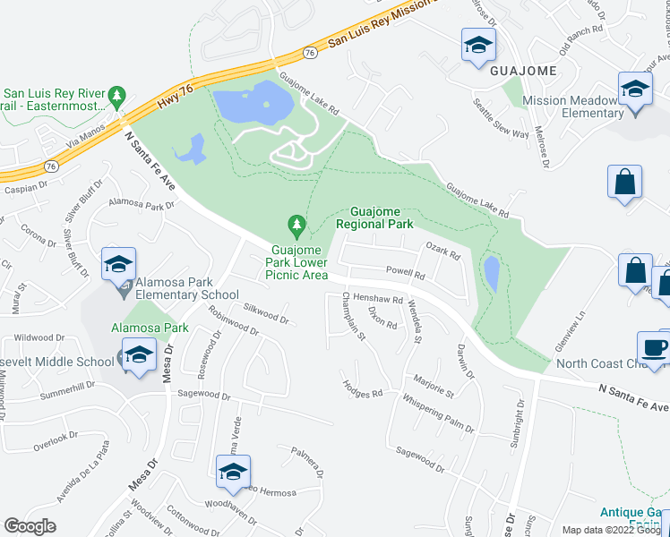 map of restaurants, bars, coffee shops, grocery stores, and more near 1305 Powell Road in Oceanside