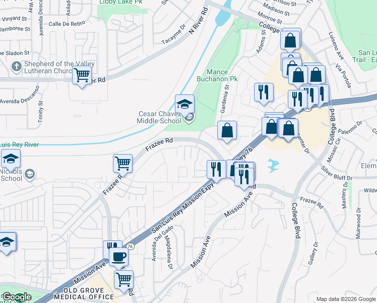 map of restaurants, bars, coffee shops, grocery stores, and more near 221 Levant Way in Oceanside